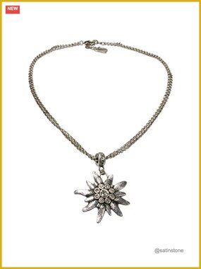 Bavarian Edelweiss Pendant Necklace Traditional Dirndl Jewelry Rhinestone